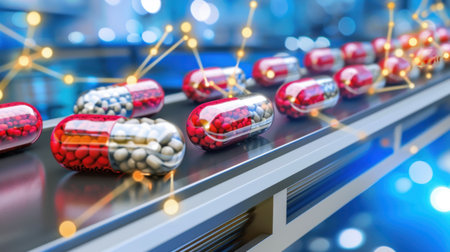 Colorful capsules move along a conveyor belt in a pharmaceutical production line, showcasing the harmony of technology and healthcare in a modern setting.の素材