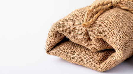 A close-up of a rustic burlap sack tied with twine, showcasing its textured surface and earthy tones, ideal for backgrounds and creative uses.の素材