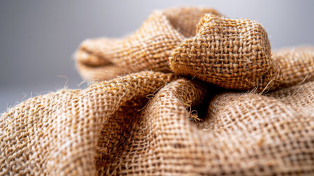 This close-up image captures the detailed texture of jute fabric, showcasing its natural fibers and soft bumps, perfect for design and craft projects.の素材