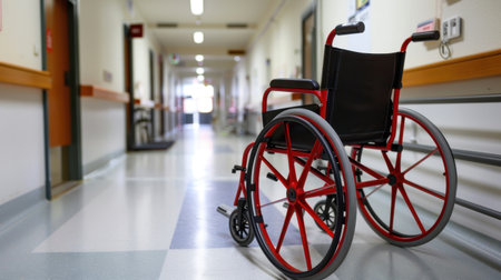 An empty red wheelchair positioned in a hospital corridor, symbolizing the need for patient assistance and care in healthcare settings. The corridor is quiet and well-lit, emphasizing the importance of accessibility and support in medical environments.の素材