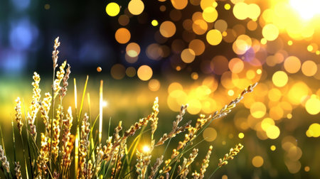 This stunning image features glowing grass illuminated by soft golden sunlight, surrounded by a dreamy bokeh effect, capturing nature's tranquil beauty.の素材