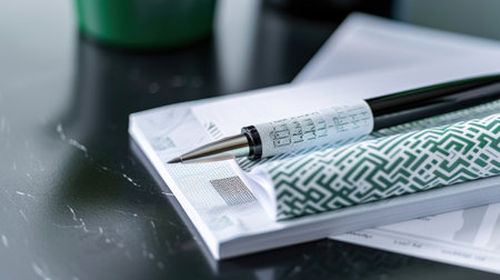A visually appealing office desk setup featuring a sleek pen and notepad, perfect for enhancing creativity and productivity in modern workspaces.の素材