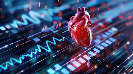 This 3D illustration showcases a human heart amidst vibrant digital heartbeat data and pulse waves, representing advanced medical technology and research.の素材