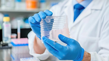 A dedicated researcher in a laboratory setting carefully examines gel electrophoresis plates. The individual wears protective gloves and a lab coat, showcasing a meticulous approach to scientific exploration and analysis.の素材