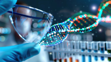 A hand wearing a safety glove holds glasses while observing DNA strands in a busy laboratory setting filled with colorful test tubes, symbolizing innovation in scientific research.の素材