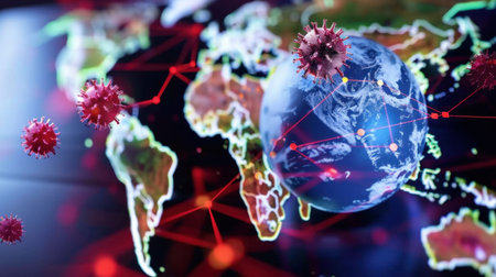 This digital illustration depicts a globe surrounded by virus icons, symbolizing the global pandemicの素材