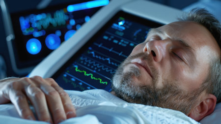 A serene patient rests in an intensive care unit with advanced medical equipment monitoring vital signs, ensuring continuous care and observation.の素材