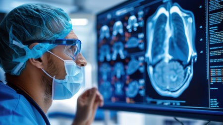 A medical professional carefully analyzes X-ray images on a high-tech screen in a healthcare facility, showcasing cutting-edge technology and patient care.の素材