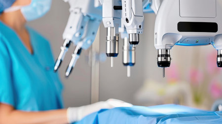 A skilled medical professional utilizes an advanced robotic surgical system to perform a precise procedure in a modern operating room. The environment emphasizes cutting-edge technology and a commitment to patient safety and care.の素材