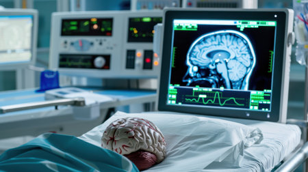 A detailed anatomical brain model is positioned on a medical bed, complemented by advanced monitoring equipment displaying vital signs, evoking a clinical environment.の素材