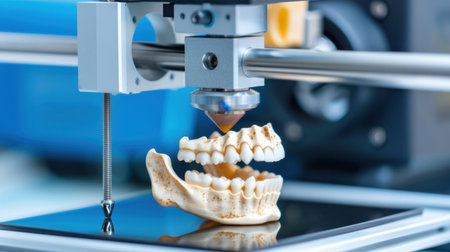 A close-up view of a 3D printer producing a realistic dental model, showcasing the intersection of technology and healthcare in dentistry and dental care innovation.の素材