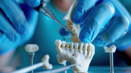 This image captures a dental professional engaged in a hands-on training session, focusing on an orthodontic model and specialized tools, showcasing education and precision in the dental field.の素材