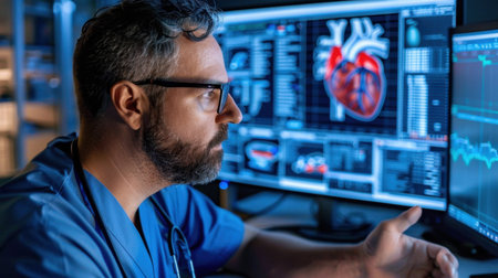 A focused medical professional examines heart monitors and data on computer screens, showcasing the intersection of technology and healthcare in a modern setting.の素材