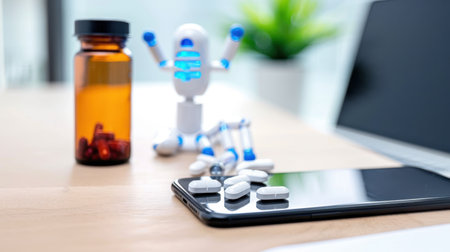 A modern healthcare scene featuring a robot assistant, various prescription medications, and a smartphone on a medical desk. This setup reflects innovation and technology in the health industry.の素材