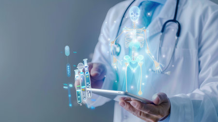 A medical professional interacts with a tablet displaying holographic images of a skeleton and test tubes in a futuristic healthcare setting, showcasing technology integration.の素材