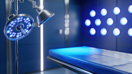 A modern surgical room showcasing advanced lighting and equipment, designed for high-quality medical procedures. Focus on safety and cleanliness.の素材