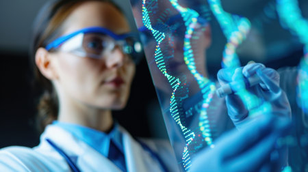 A female scientist focuses on analyzing a digital representation of DNA structure in a modern laboratory, showcasing advanced research in genetics and health.の素材
