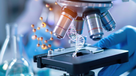 A close-up view of a microscope examining a DNA strand, surrounded by scientific laboratory tools, representing modern research and innovation in biology.の素材
