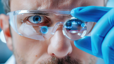 A focused scientist closely examines a sample using a magnifying lens, emphasizing precision and safety in a modern laboratory setting.の素材