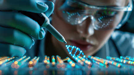 A focused female scientist utilizes a digital pen to illustrate a DNA strand in a modern laboratory, highlighting the fusion of science and technology in biotechnology research.の素材
