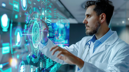 A focused doctor engages with a digital touchscreen interface in a modern medical lab. This scene captures the intersection of healthcare and advanced technology.の素材