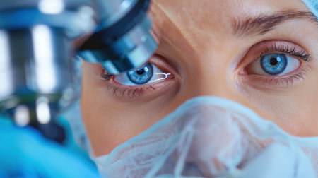 This image captures a close-up of a female scientist in a laboratory, wearing a protective mask and gloves, intently observing through a microscope.の素材