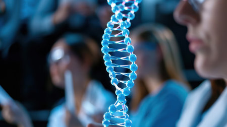A captivating blue DNA helix model highlights the intricate world of genetics in a laboratory. Students attentively observe the representation, engaging in learning.の素材