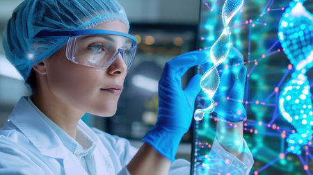 A focused female scientist interacts with a digital display showing intricate DNA data in a cutting-edge laboratory, highlighting modern research techniques.の素材