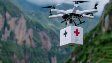 A drone hovers above a breathtaking mountain landscape, transporting crucial medical supplies in a remote area. This innovative technology enhances healthcare access in challenging locations, showcasing the fusion of modern logistics and nature in action.の素材