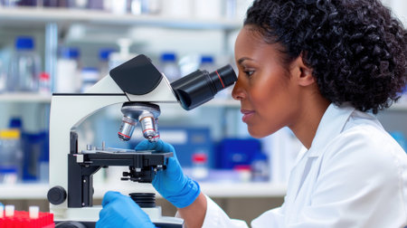A female scientist intently examines biological samples under a microscope in a modern laboratory, showcasing precision and dedication to research and innovation.の素材