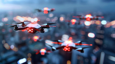 A stunning visual of multiple futuristic drones flying above a cityscape at night, featuring bright red lights against a vibrant urban background.の素材