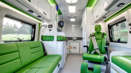 This image features a modern ambulance interior showcasing green seating and advanced technology. The design emphasizes comfort, functionality, and safety for medical personnel and patients.の素材