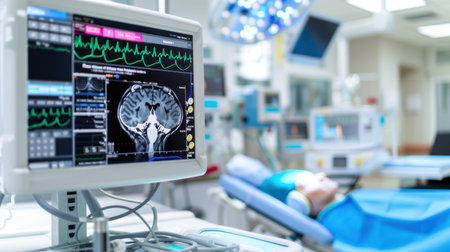 A state-of-the-art medical imaging machine is displayed prominently, showcasing a detailed brain scan while surrounding equipment enhances patient monitoring capabilities.の素材