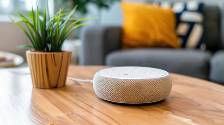 A stylish smart speaker sits on a polished wooden table in a modern living room, accompanied by a vibrant indoor plant and a cozy sofa.の素材