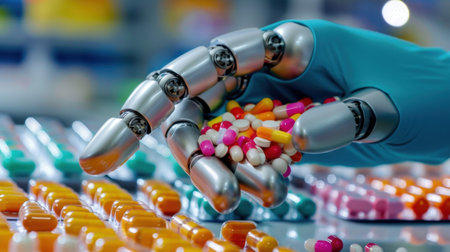 A robotic hand grasps a handful of vibrant pills in a high-tech pharmaceutical setting, symbolizing advancements in healthcare technology and automation.の素材