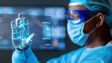 A medical professional interacts with a 3D brain scan on a digital interface in a high-tech healthcare setting, showcasing advancements in medical technology.の素材