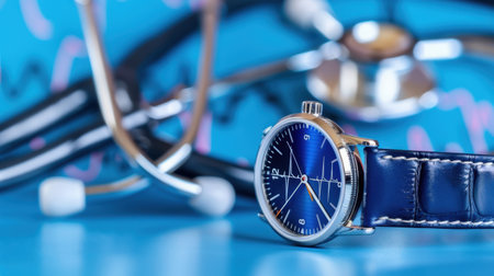 This image features a sleek blue watch positioned beside a stethoscope, set against a vibrant medical chart background. It embodies the essence of healthcare professionalism and time management.の素材