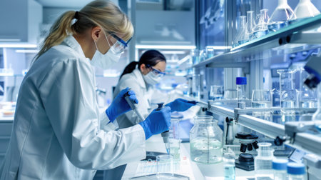 Two scientists in lab coats perform detailed experiments in a modern laboratory filled with glassware and cutting-edge equipment, focusing on research.の素材