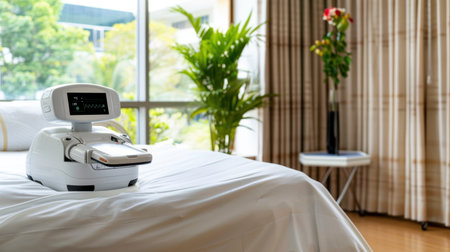 This image showcases a modern healthcare environment with a medical device on a hospital bed, surrounded by bright indoor plants, symbolizing comfort and recovery.の素材