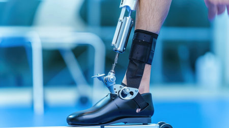 This image showcases a state-of-the-art prosthetic leg designed to improve mobility and support individuals in their rehabilitation journey, highlighting advanced technology.の素材