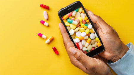 This image features hands holding a smartphone displaying a vibrant array of colorful pills, showcasing the intersection of technology and healthcare.の素材