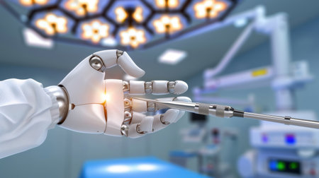 A close-up view of a robotic hand skillfully operating an instrument in a modern surgical setting, showcasing the intersection of healthcare and technology.の素材