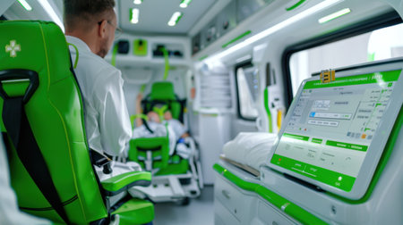 A dedicated medical professional inside a modern ambulance equipped with advanced technology, focusing on patient care in an emergency setting.の素材