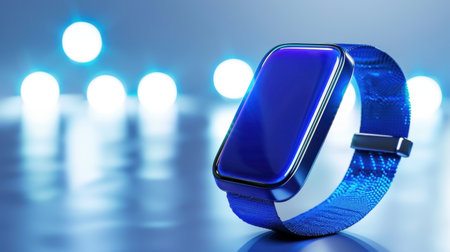 Discover a sleek blue smartwatch that features a modern design and is placed on a reflective surface, surrounded by blurred blue lights, perfect for tech enthusiasts.の素材