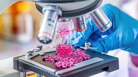 This vibrant image features a laboratory microscope focusing on colorful gel beads in a test tube, showcasing precision in scientific investigation.の素材