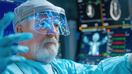 A senior doctor in surgical attire engages with advanced holographic technology in a healthcare setting, emphasizing innovation in modern medicine.の素材