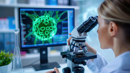 A female scientist examines microbial structures through a microscope in a modern laboratory, showcasing innovative technology and research practices.の素材