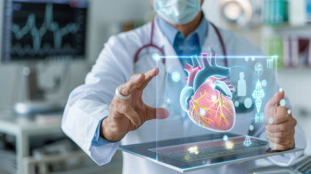 A medical professional engages with a 3D holographic heart model, showcasing advanced technology in a contemporary healthcare setting, emphasizing innovation.の素材