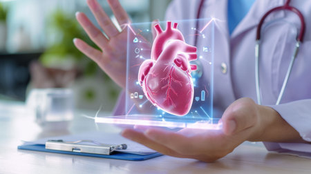 A medical professional showcases a holographic model of a human heart, blending technology with healthcare for enhanced education and understanding in medicine.の素材