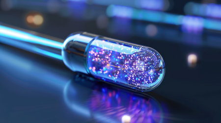 This image features a sleek glass capsule filled with vibrant lights and glittering particles, creating a futuristic and mesmerizing atmosphere.の素材
